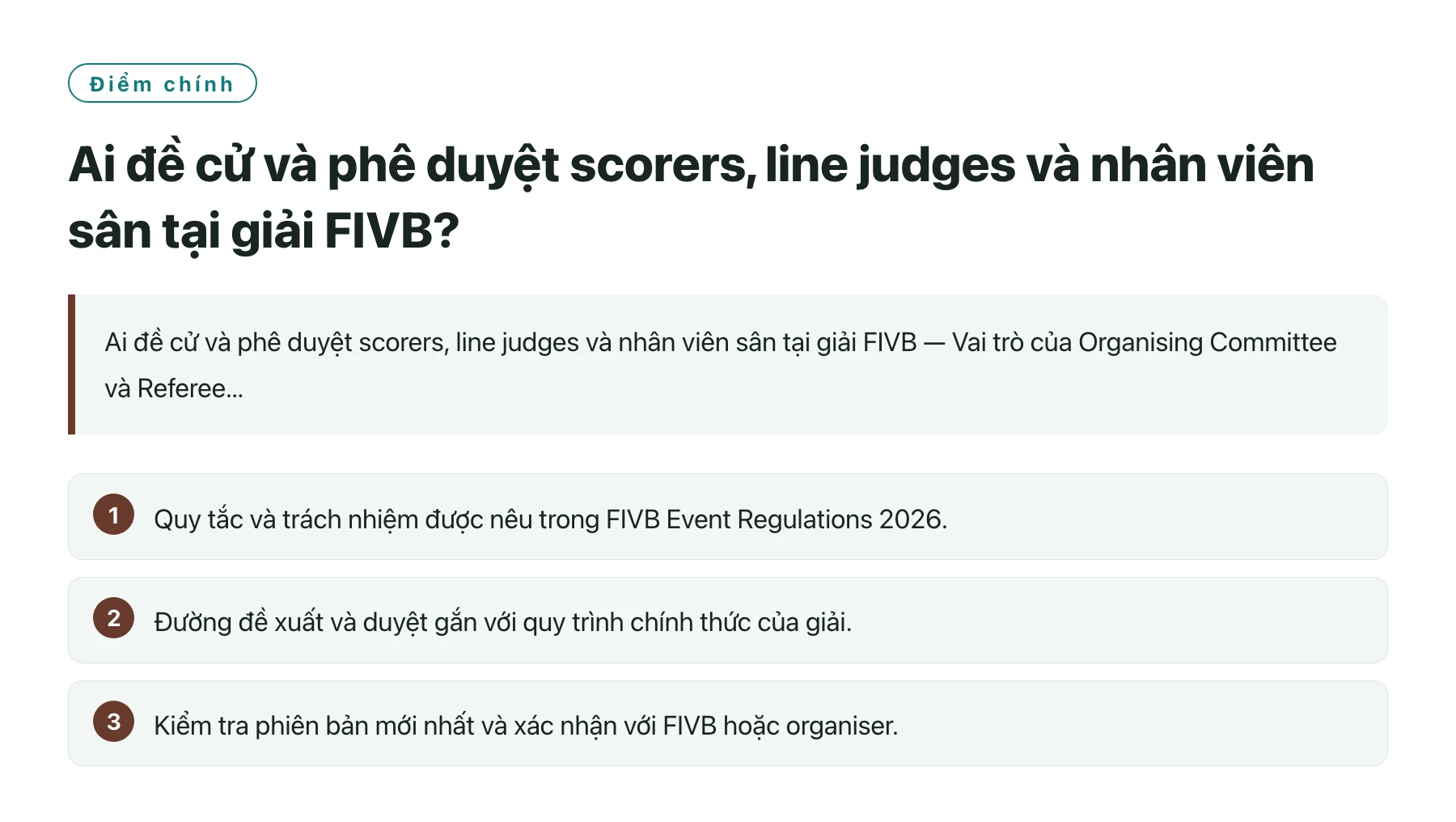 Ai đề cử và phê duyệt scorers, line judges và nhân viên sân tại giải FIVB?——全文要点速览